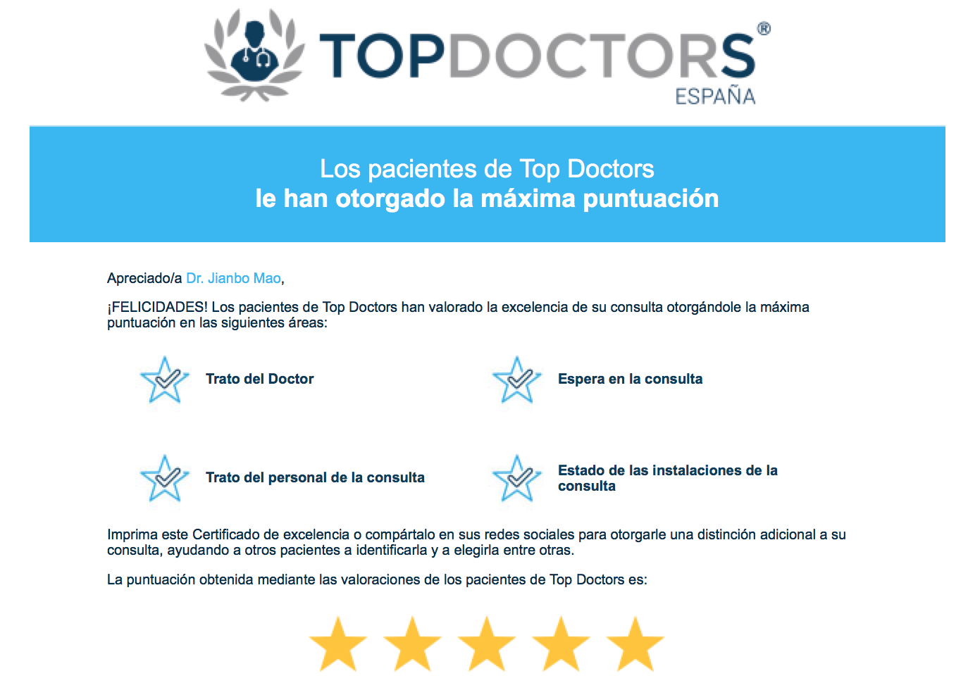 Certificado de Excelencia de Top Doctors