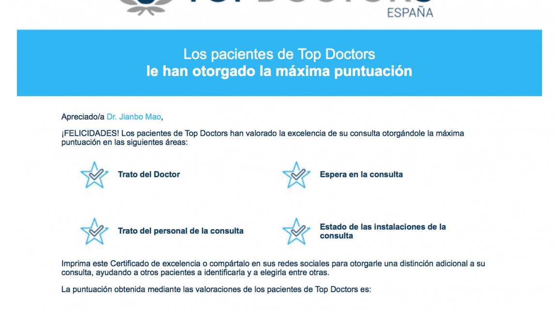 Certificado de Excelencia de Top Doctors.